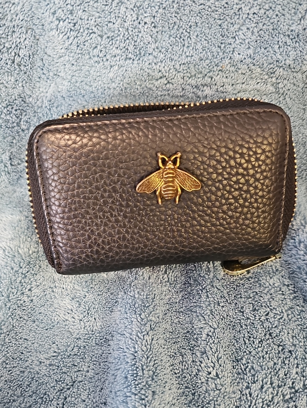 Black Faux Leather Zip Coin Purse with Gold Bee Accent